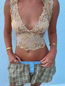 Women's  Summer Sequined Halter Top Sheer Mesh Embroidered Beaded Camisole Deep V-Neck Sleeveless Backless Crop Top Suitable For Beach Vacations  Wedding Guests Parties Cocktail Parties Nightclubs And Holidays - Màu vàng - Xem 2