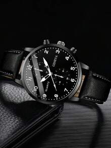 2pcs/Set Minimalist Casual Men's Quartz Watch Set, All-Black Design (Includes 1 Leather Strap Quartz Watch And 1 Black Chain Bracelet). Equipped With Multi-Function Chronograph Dial.