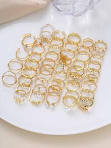51/48pcs Simple & Fashionable Faux Pearl, Metallic, Geometric, Heart, Butterfly Stackable Ring Set, Women Couples Sisters Holiday Date Casual Party Wedding Christmas Valentine Gift For Mom Friends - Vàng - Xem 9