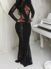 女士复古黑色露背交叉连衣裙，长袖，饰有撞色蕾丝和透视网纱细节，适合派对等优雅场合，针织面料，春季款 - 黑色 - 查看 7