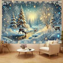 Uma Tapeçaria de Inverno Extra Grande - Floresta Nevada com Veados, Cenário de Inverno - Decoração de Parede Extra Longa com Elegantes Árvores e Rios Cobertos de Neve - Cores Suaves de Azul e Dourado de Inverno - Adequada para Sala de Estar, Quarto, Escritório, Natal, Casamento, Festa - Com Tiras Adesivas para Pendurar Facilmente - Durável - Decoração de Parede para o Lar no Inverno, Cenário de Natal Temático de Inverno, Decoração de Natal Vintage, Cenário Temático de Boneco de Neve - Multicolorido - Visão 4