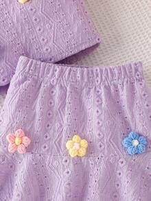 少女精致3D立体花卉吊带背心+半裙套装，适合度假和日常穿着 - 紫丁香色 - 查看 8