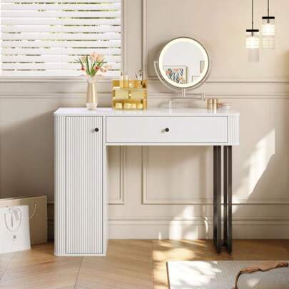 Dressing Table With LED Mirror, 1 Drawer, 1 Door, Tricolor LED Lighting, Dimensions: 100 Cm Wide * 116 Cm High * 40 Cm Deep (Without Stool).