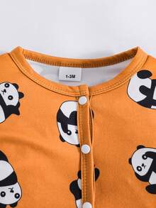 3 piezas Pelele de manga larga con pies estampado de panda y rayas, adecuado para todas las estaciones, para bebé niño - Camel - Ver 3