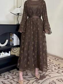 Women's Brown Lace & Satin Two Pieces Muslim Abaya Long Dress With Embellished Details, Modest Kaftan - Brown - View 5
