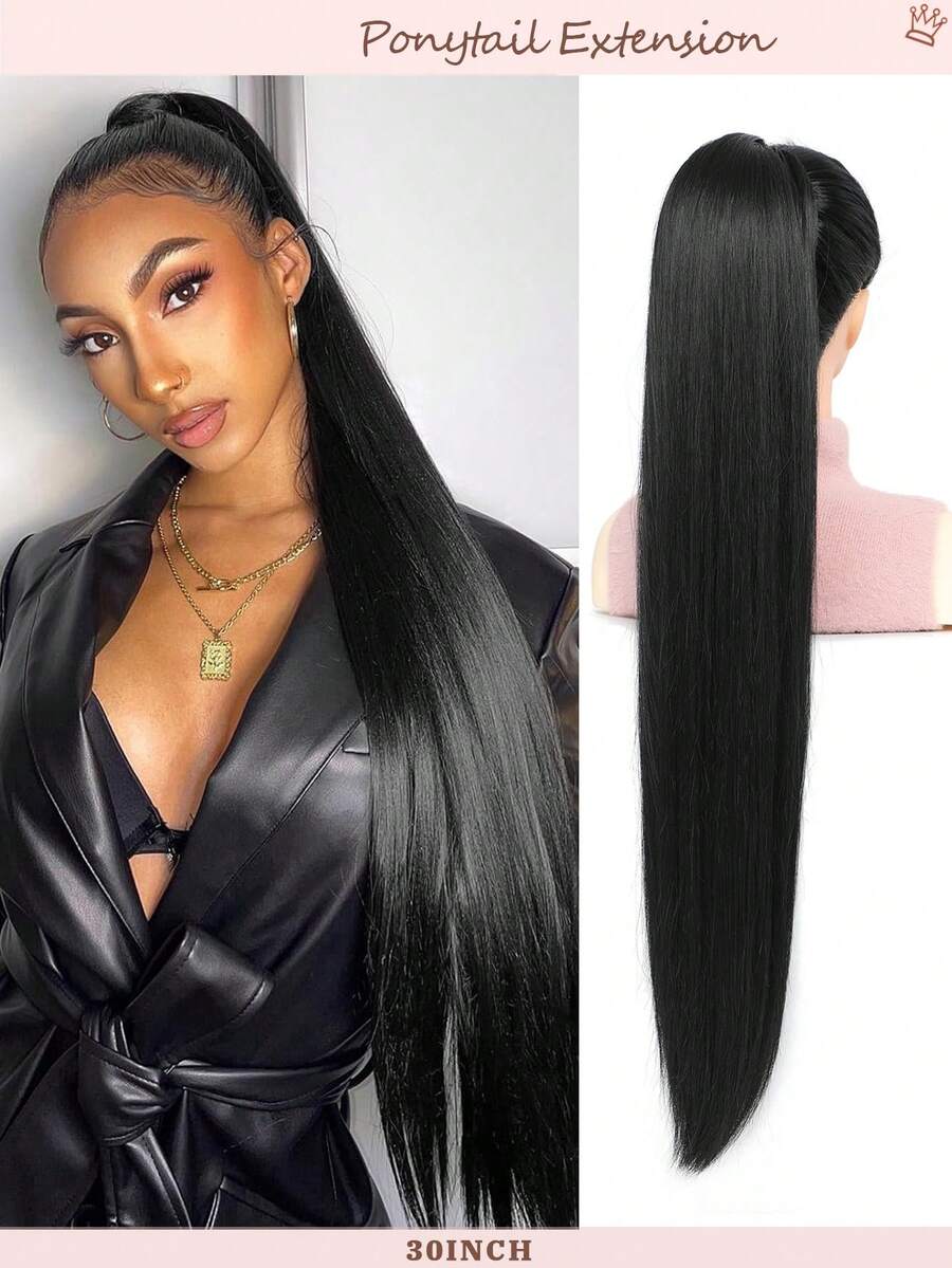 30Inch Ponytail Extensions Drawstring Long Straight Fake Pony Tail Natural Soft Clip In Hair Extension Synthetic Heat Resistant Hairpiece - Black - Black - View 1