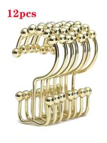 Set Of 12 Iron Shower Curtain Hooks, Easy Installation & Removal, Luxurious Elegant Double Hook With Sliding Roller Balls For Bathroom, Shower Curtains, Shower Curtain Track, Modern Bathroom Decor, Durable Metal Hooks, Bathroom Hooks, Bathroom Accessories, Valentine's Day, Valentine's Day Decor, Shower Curtain, Curtain Rod, Ramadan Items - Multicolor - View 12