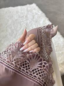 女士睡袍套装，蕾丝边开襟睡袍配雪纺头巾 - 轻盈、优雅、透气，适合春夏穿着，棕色优雅派对礼服 - 摩卡棕 - 查看 6