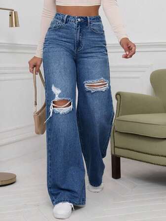 Teen Girl Loose Fit Distressed Wide Leg Jeans