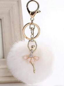 New Plush Ball Keychain Cute Crystal Angel Girl Ballet Dancer Pom Pom Car Key Chain Faux Fur Bag Charm Purse Charm Keyring - White - View 2