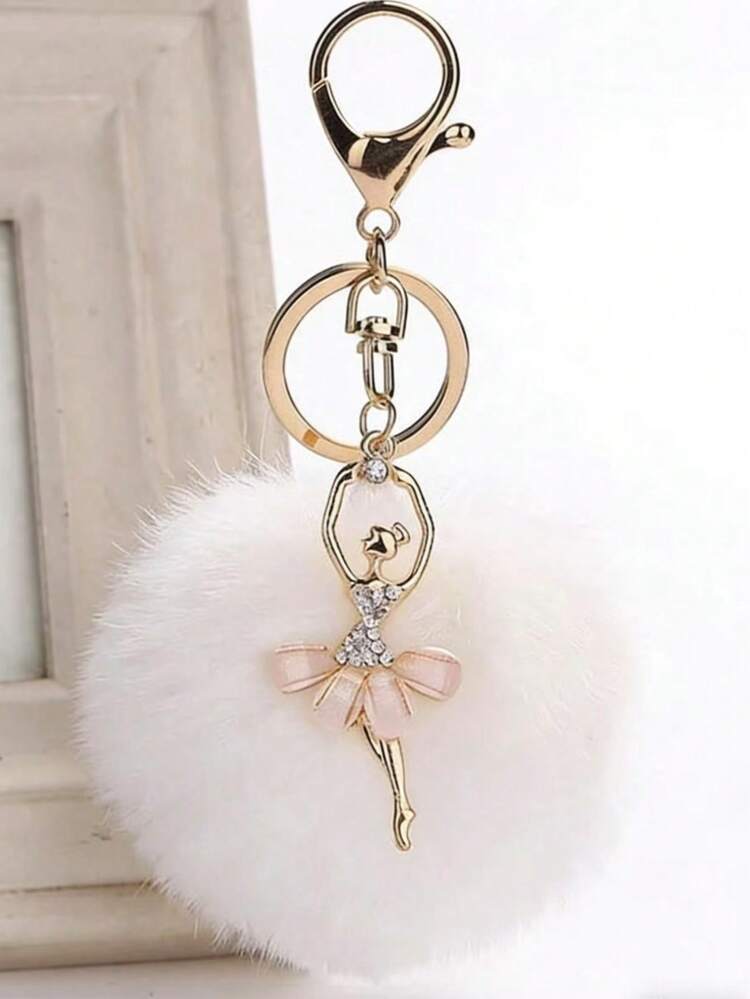 Móc khóa hình quả cầu nhung mềm mại dễ thương hình thiên thần pha lê, cô gái vũ công ba lê, móc chìa khóa xe hơi hình quả cầu lông giả, phụ kiện trang trí túi xách, móc khóa. - trắng - Xem 2