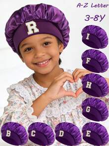 1顶幼儿/儿童26字母光滑缎面睡帽，时尚舒适，透气防滑，日常护发帽 - 紫色 - 查看 1