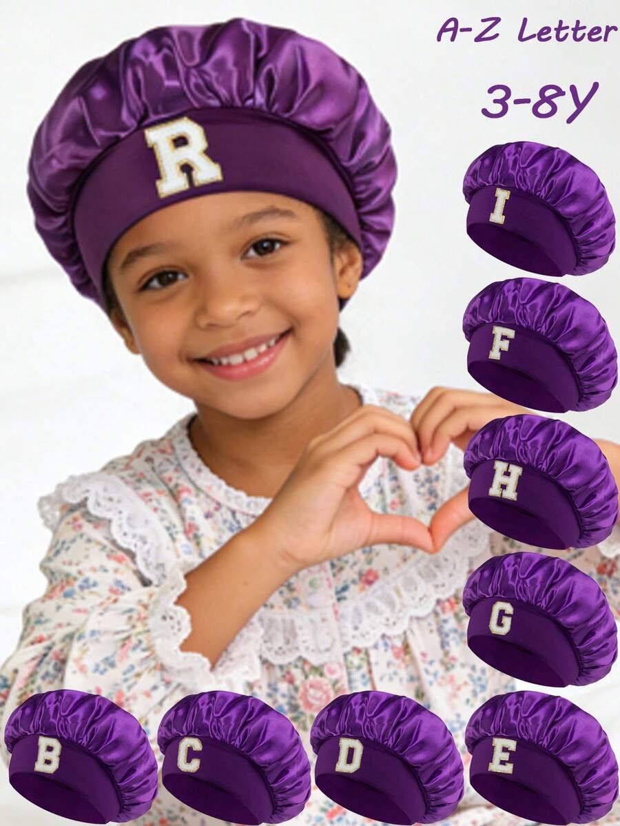 1顶幼儿/儿童26字母光滑缎面睡帽，时尚舒适，透气防滑，日常护发帽 - 紫色 - 查看 1
