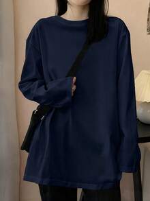 女士海军蓝百搭休闲宽松圆领长袖上衣，适合日常穿着和通勤，春季百搭 - 藏蓝色 - 查看 3