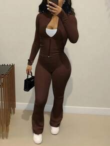 Autumn/Winter European And American Style Women's Fashion Zip-Up Cardigan, Fitted Top And Loose Wide-Leg Pants Set - màu nâu - Xem 12
