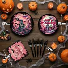 96 piezas platos y servilletas de Halloween, decoración de fiesta de zombi, vajilla para fiesta de Halloween, platos de papel para 24 (Rosa) - Rosa - Ver 2