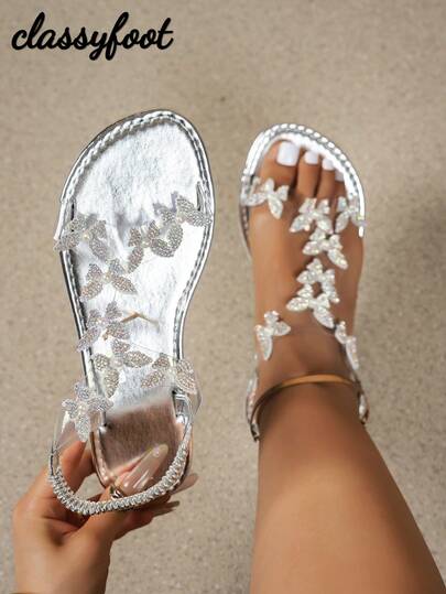 Wide Fit Women 2024 New Butterfly Decor Elastic Back Casual Vacation Style Fashion Versatile Sexy Comfortable Lightweight Non-Slip Classic White Flat Sandals,Spring Summer Outfits