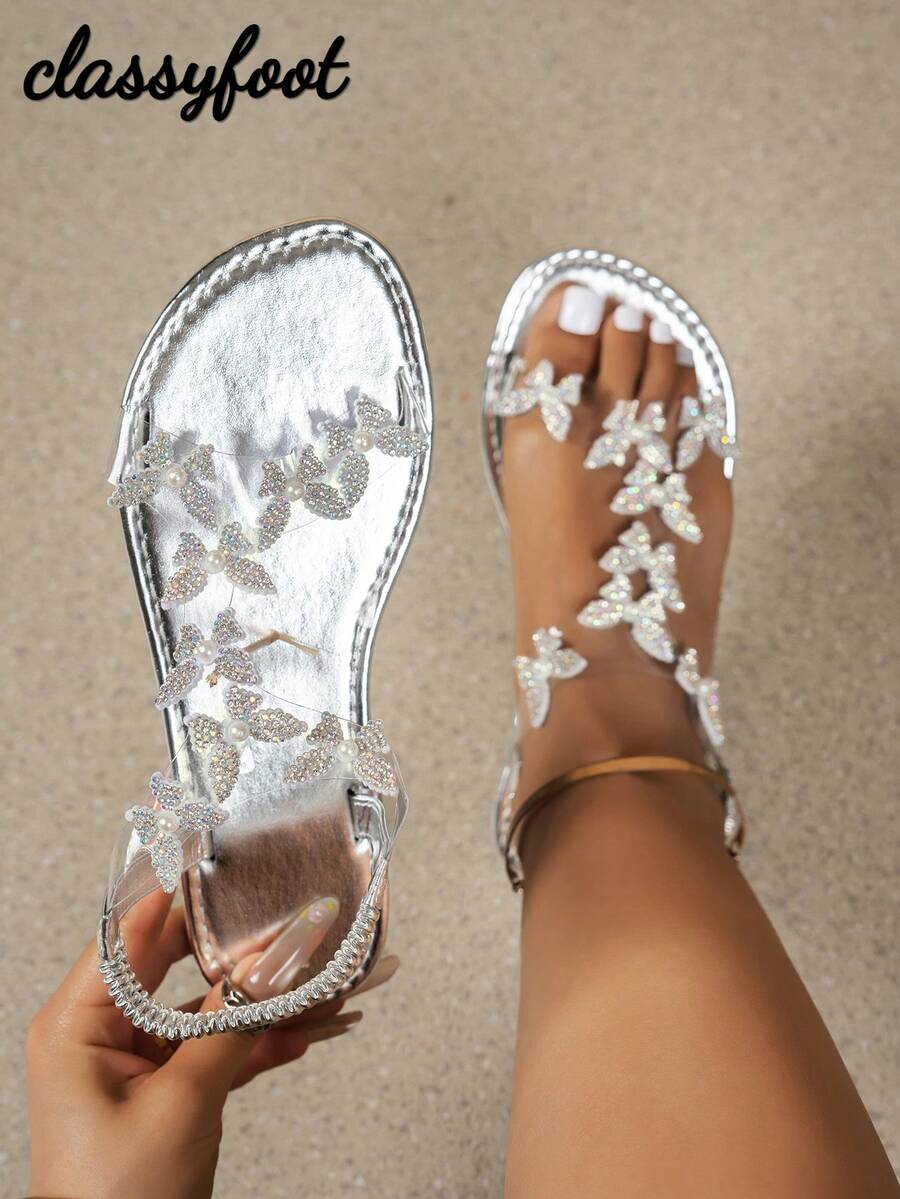Wide Fit Women 2024 New Butterfly Decor Elastic Back Casual Vacation Style Fashion Versatile Sexy Comfortable Lightweight Non-Slip Classic White Flat Sandals