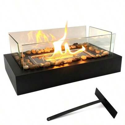 1 Juego de Chimenea de Alcohol, Calentador de Escritorio Portátil para Interiores y Exteriores, Chimenea de Vidrio de Cuatro Lados con Guijarros, Puede Decorarse para Calentar, Hornear Algodón de Azúcar, Chocolate y Otros Alimentos