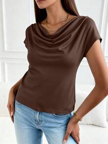Women's Summer Clothes Tops Dressy Casual Clothing Cowl Neck Short Sleeve Blouses Business Work Office Shirts  Tops For Women - 棕色 - 查看 3