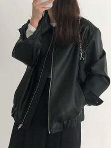 Chaqueta motera de manga larga estilo coreano holgada con diseño de cremallera en la solapa para mujer, confeccionada en piel sintética. - Negro - Ver 6