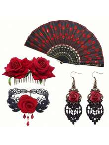 5件套女士弗拉明戈舞蹈服装套装 - 包括刺绣亮片扇、玫瑰发夹、项链和耳环。一套完整的西班牙舞蹈服装，适合弗拉明戈派对、婚礼、角色扮演和舞台表演。