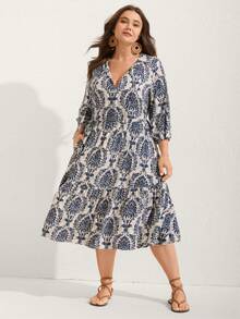Plus Size Allover Retro Print Tie Neck Puff Sleeve Dress, All-Over Retro Print Woven Fabric With Ruffle Hem, Vacation Style, Spring/Summer - Navy Blue - View 3