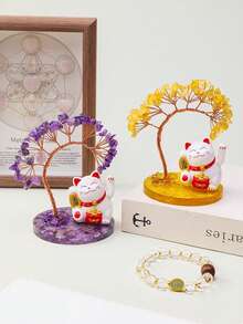 招财猫水晶摇钱树 - 黄水晶/紫水晶风水摆件，寓意财富与好运 | 家居办公室桌面摆件礼品