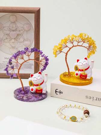 Lucky Maneki Neko kattkristallpengaträd - Citrin/Ametist Feng Shui-dekoration för rikedom och lycka | Bordprydnad för hemmakontor, present