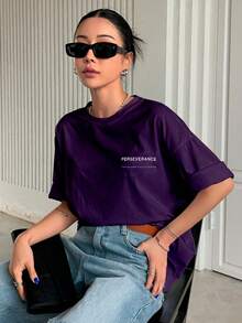 T-Shirt With "Perseverance" Print Lettering. Minimalist, Casual, Modern, Sophisticated, Simple, Basic, Summer, Oversized. - Purple - View 6