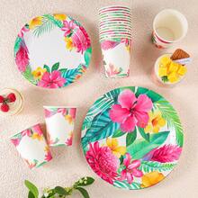 Tropical Plant Pattern Disposable Tableware Set, Including 7/9 Inch Paper Plates & Paper Cups, Suitable For Birthday Party, Holiday Party, Gathering Picnic, Celebration, Wedding Tea Party, Graduation Ceremony Disposable Party Supplies
