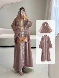 Conjunto de abaya abierta con ribete de encaje y pañuelo de gasa - Ligero, modesto y transpirable para primavera/verano