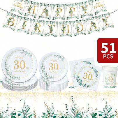 Eucalyptus Green & Gold 30th Birthday Party Disposable Tableware Set, Includes Plates, Napkins, Cups, Tablecloth, And Banners, Serves 8 Guests, Suitable For Birthday, Wedding, Theme Party, Family Picnic