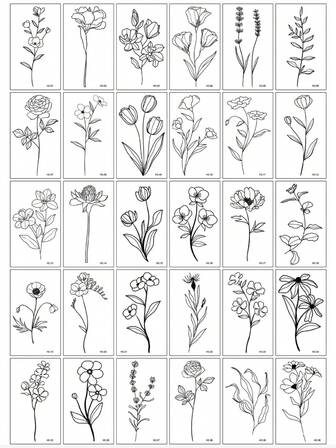 (30pcs/Set) Black Minimalist Line Floral & Leaf Temporary Tattoos, Fresh & Simple Botanical Designs, Chic Aesthetic Tattoo Stickers Suitable For Men & Women On Chest, Shoulder, Arm, Ankle, Neck