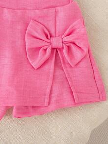 女婴情人节新品字母大蝴蝶结印花短袖圆领上衣+3D蝴蝶结装饰短裙套装，夏季 - 玫紅色 - 查看 8