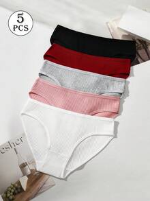 5pcs Pack Women's Ribbed Panties, High Elasticity Solid Color Letter Design Low Waist Briefs - Multicolor - View 14