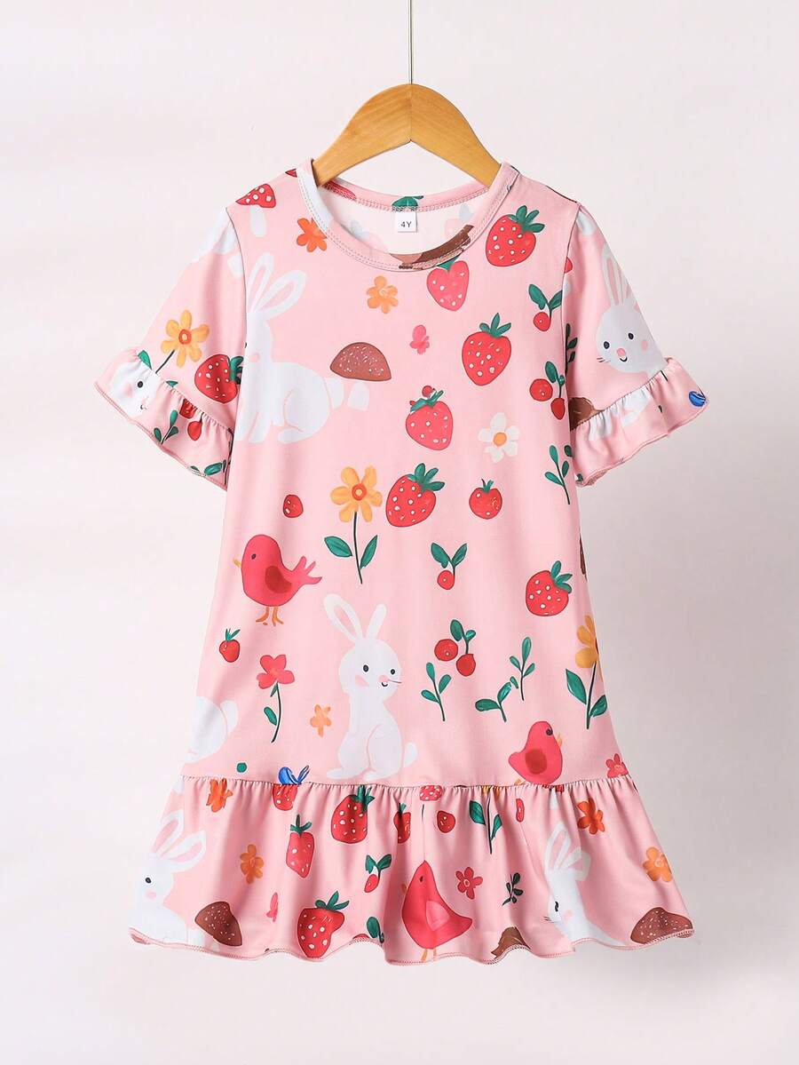 New Cute Girls Nightgown, Strawberry Rabbit Print Children Nightdress, Round Neck Short Sleeve Ruffle Hem Girls Dress, Casual Comfortable Sleepwear - Pink - View 1