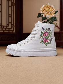 2D Blumen Stickerei bequeme Lässig Flache Schuhe, Schwarz & Weiß, Abriebfest, geeignet für Herbst/Winter Alltagstragen - Weiss - Übersicht 8