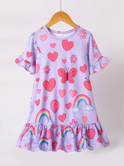 Valentine's Day New Cute Young Girl Nightgown, Round Neck Short Sleeve Ruffle Hem Girls Nightdress, Random Rainbow Cloud Print Girls Casual Comfortable Dress, Summer Loungewear