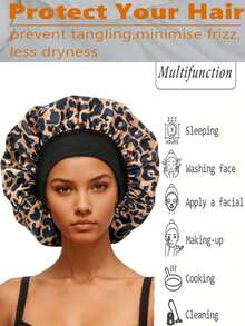 Satin Bonnet Silk Bonnet, Hair Bonnet For Sleeping, Elastic Wide Band Silk Sleep Cap, Soft And Breathable(Leopard) Hair Sleep Cap - Leopard Print - Multicolor - View 6
