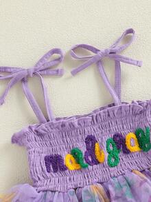 Conjunto de 2 piezas de ropa para niña con estampado de letras bordadas y dobladillo de tul, sin mangas, camisola, pantalones con cintura elástica - Morado - Ver 3