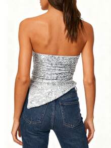 Women Sequins Tube Top Strapless Sparkly Split Hem Vest Shiny Glitter Going Out Bandeau Crop Tops 90s Streetwear - Bạc - Xem 6
