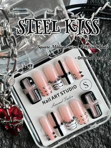 原创设计，手工制作，10片装朋克风亚克力美甲套装，短方形美甲，粉色斑马纹美甲，Y2K美甲，包含法式美甲贴片，手工制作美甲贴片 - 彩色 - 查看 8