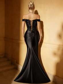 优雅奢华露肩串珠美人鱼晚礼服 - 完美适用于婚礼、婚礼宾客、毕业派对、感恩节、圣诞节、新年、毕业典礼、长款派对礼服 - 黑色 - 查看 8
