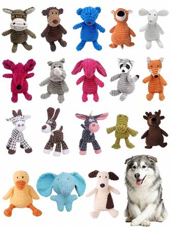 1pc Plush Dog Toy Cartoon Animals Shape Bite Resistant Squeaky Toys Cute Bear Corduroy Elephant Tiger Rabbit Chew Toys For Small Large Dogs Puppy Pets Tooth Cleaning Toy Interact Training Accessories