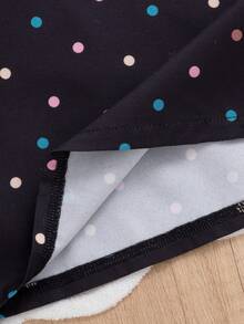 Kleine Mädchen Lässig Outfit mit Blumen-Spitze & Polka Dot Muster Langarm Top kombiniert mit Polka Dot Muster Lässig Lange Hose 2-Teiliges Set, geeignet für Alltag, Outdoor, Schule, Pendeln, Urlaub - Schwarz - Übersicht 7