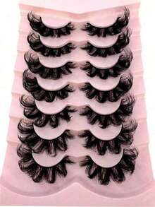 7 Pairs Russian Style Thick Classic Cat Eye Faux Mink Eyelashes, Natural DD Curly & Fluffy False Lashes, Criss-Cross Lengthening & Volumizing Synthetic Mink Lashes, Create Natural Makeup Look - Black - View 9