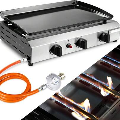 Gas Plancha Grillplatta, Bordsgasgrill, Gasgrill med 3 brännare i rostfritt stål (7,2 kW (25000 BTU), Keramisk belagd grillyta, Bärbar balkongcampingpicknickgrill (butan/propan)