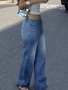 Women's Solid Color Denim Straight Pants With Invisible Zipper - Casual Slimming Body-Friendly - Dark Wash - View 4