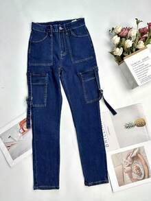 Quần cargo denim màu trơn phong cách Y2K, kiểu dáng thường ngày, đa năng, thích hợp cho mùa xuân. - Màu xanh trung bình - Xem 6